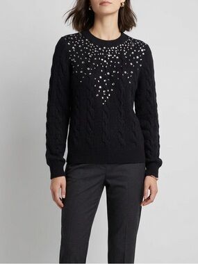 NWT Halogen Black Cable Knit Sweater with Rhinestones Embellished Crew Neck M